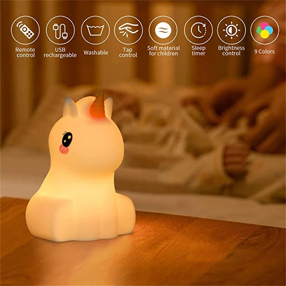 Imagem -05 - Unicórnio Bonito do Silicone Led Night Light Usb Recarregável Quarto Lâmpada de Cabeceira com Controle Remoto para as Crianças do Bebê Presente dos Miúdos