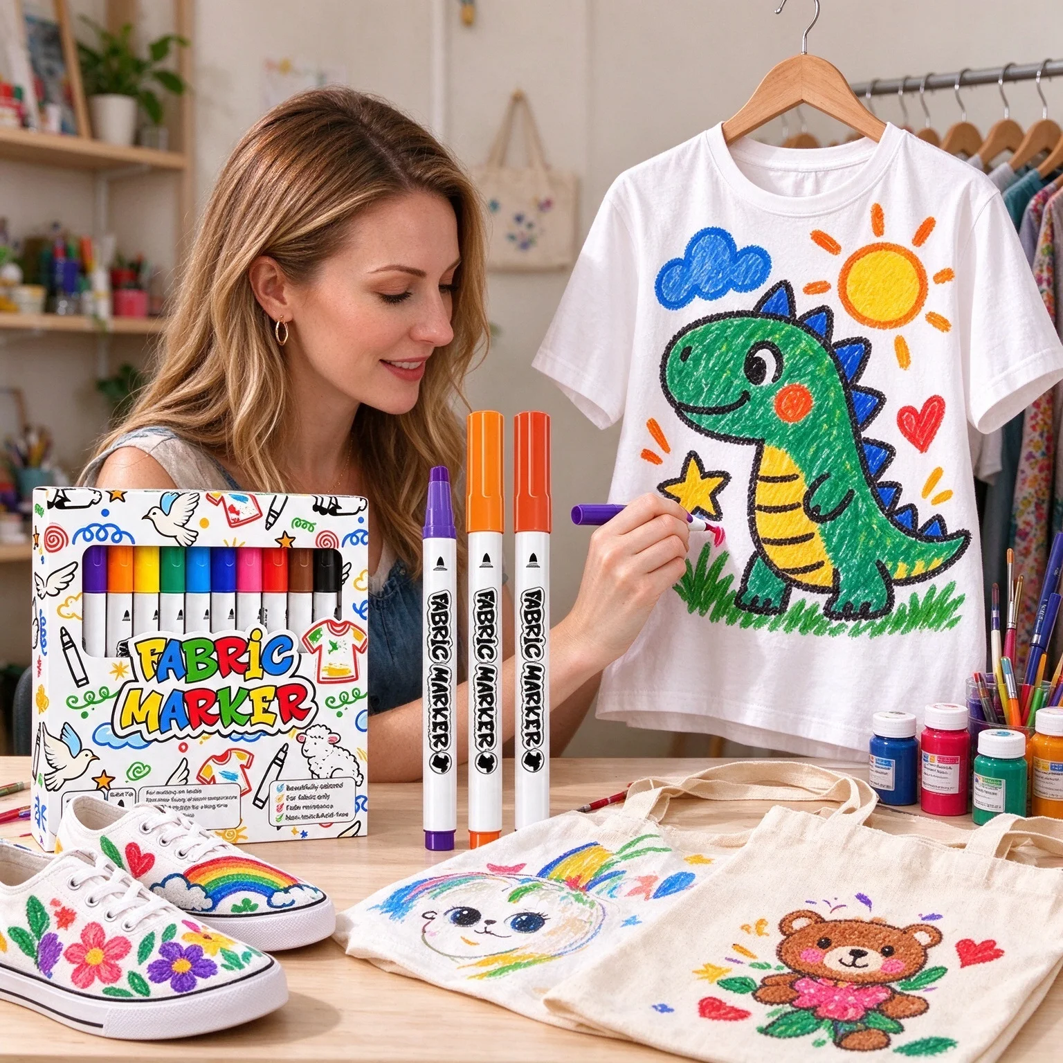 12/24 Colors Fabric Marker Pens, Durable Fiber Tip, Wash Resistant Markers for T-Shirts, Canvas Shoes,DIY Textile Craft Supplies