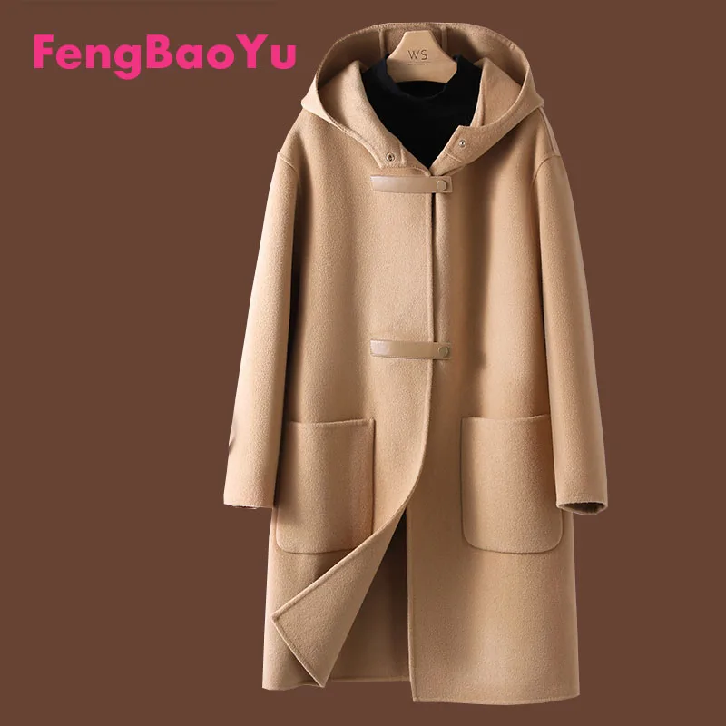 Fengbaoyu 100% Australian Wool Autumn and Winter Women's Coat Hooded Double-sided Cashmere Wool Black Coat High-end Women's Wear