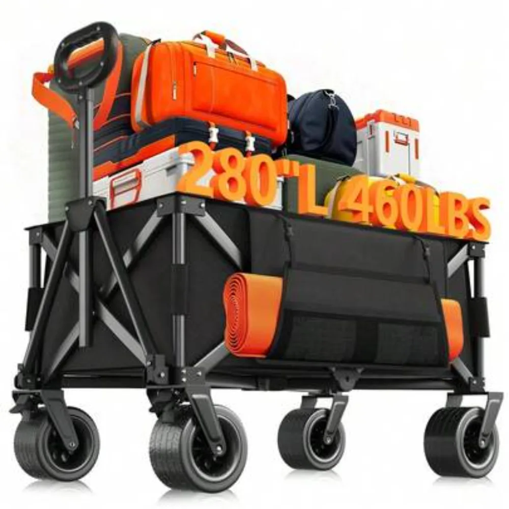 Foldable Wagon Cart with 460 LBS Weight Capacity, 280L Large Collapsible Utility Wagon with All Terrain Wheels, Adjustable Handle, Drink Holders, Storage Cover and Elastic Rope, Heavy Duty Folding Wagon for Camping, Shopping, Garden, Beach and Outdoor