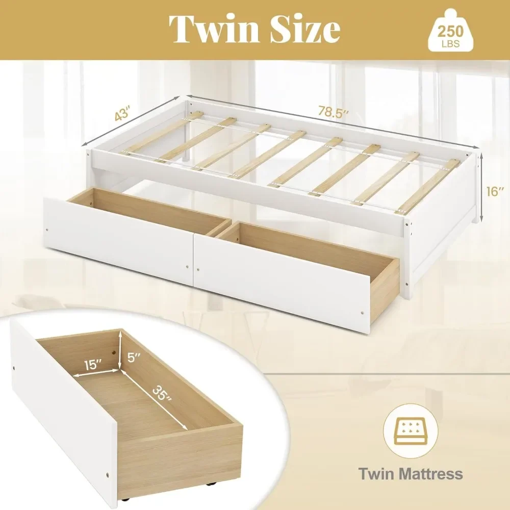 Twin Bed Frame with 2 Storage Drawers, Slats Support, Storage, For Kids Teens Adults Guests, Solid Wood Heavy Duty Platform Bed