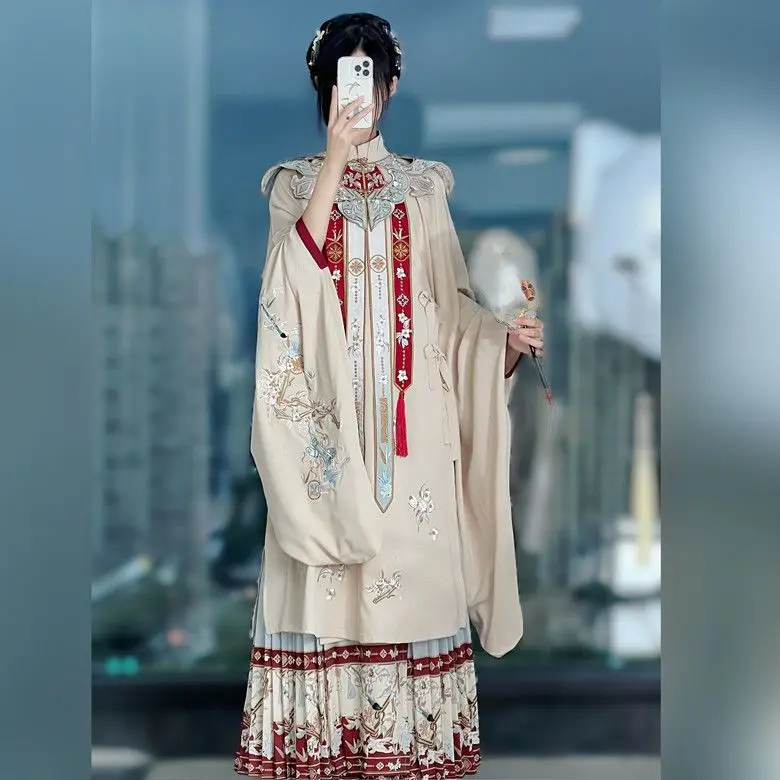 

Ancient Chinese Costume Hanfu Machine Embroidery Cloud Shoulder Ming Long Shirt Pleated Skirt