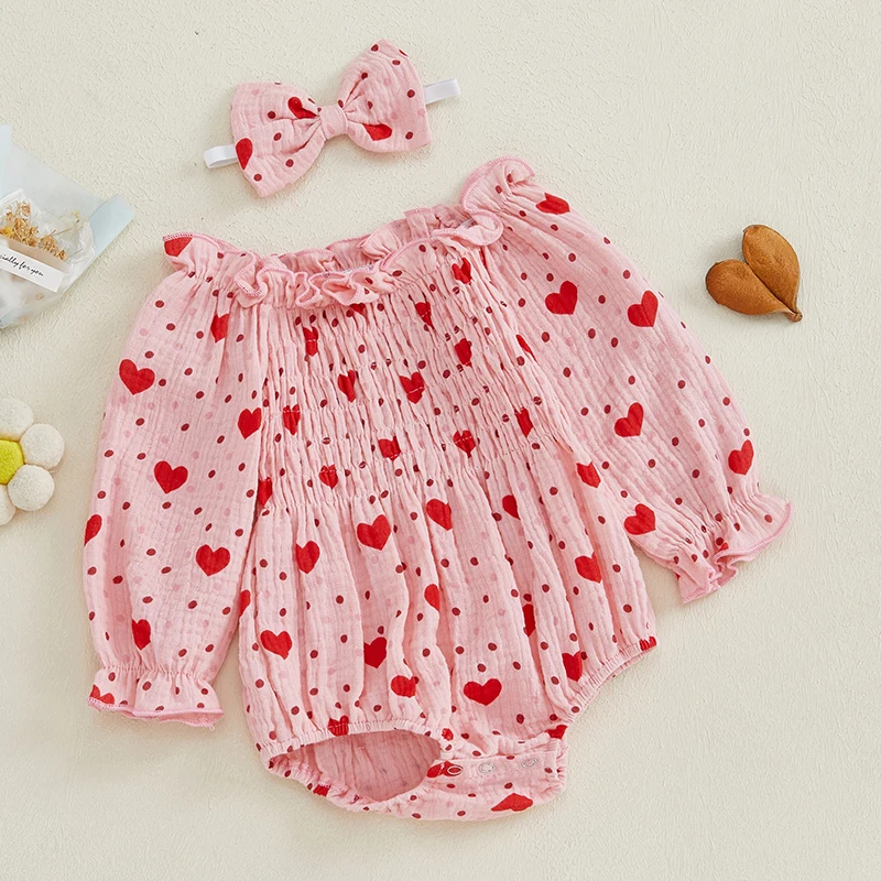 Infant Baby Girls Valentine Day Clothes Cute Heart Print Long Sleeve Rompers and Cute Headband 2PCS Set for Toddler Newborn