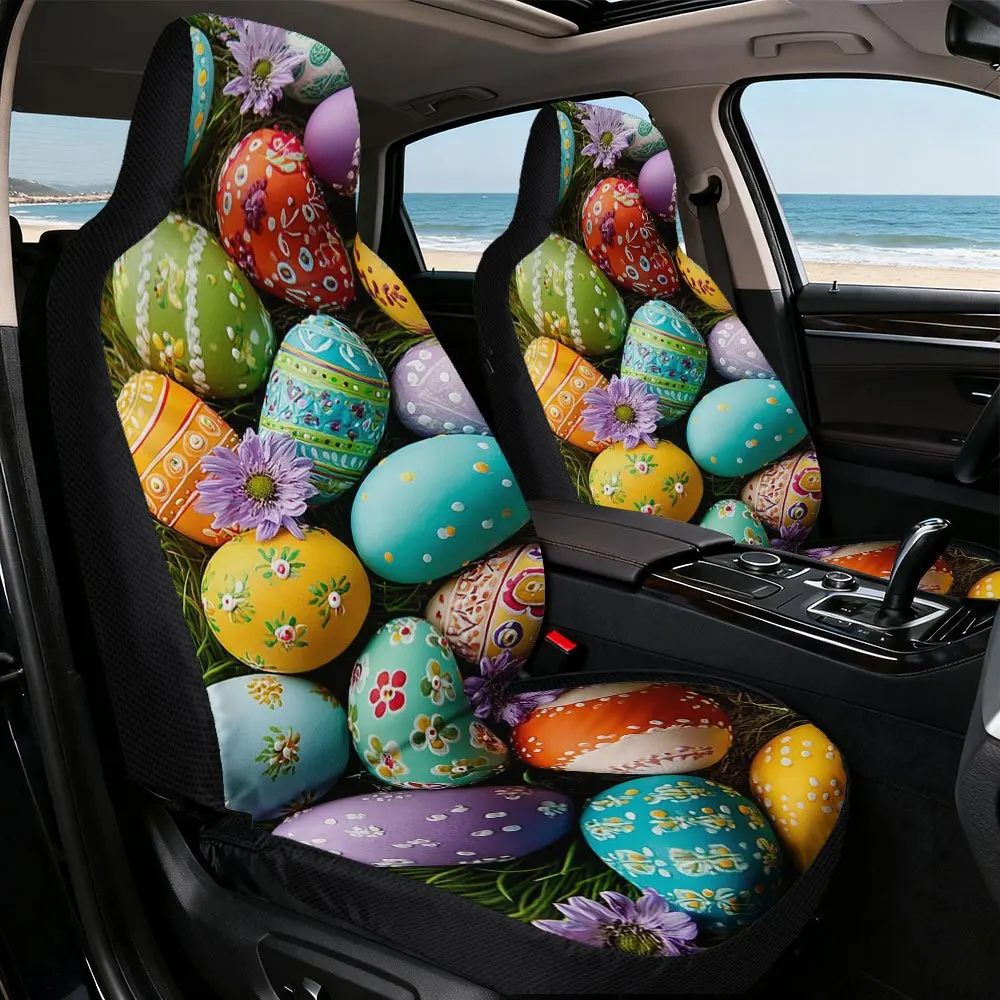 2pcs Elegant Front Covers | Easter Colorful Eggs Display Themed, Soft, Easy To Clean, Polyester Fiber, Universal Fit, Machine Wa