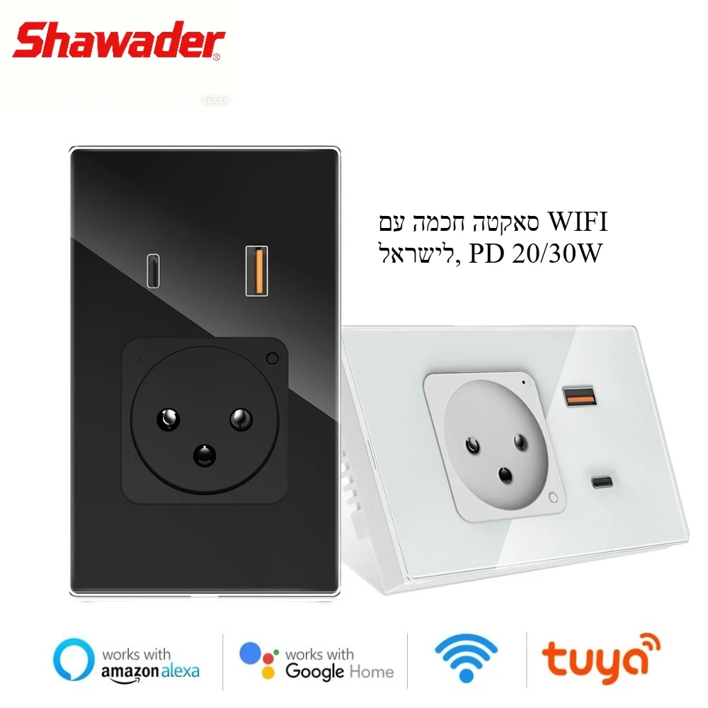 

Shawader Tuya Израиль Wi-Fi умная настенная розетка PD 20/30 Вт USB Type-C зарядное стекло сенсорная розетка дистанционное управление Alexa Google Home