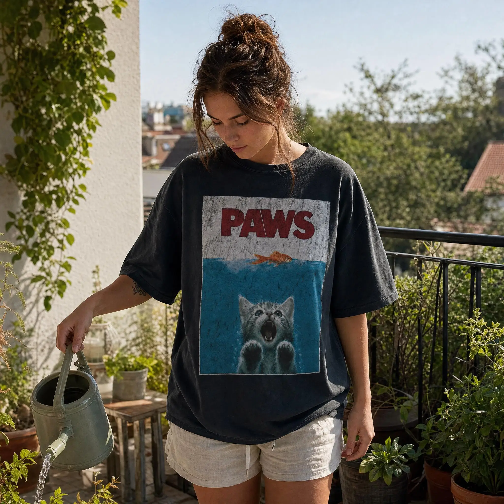 Paws Kitten Jaws Movie Parody T-Shirt, Vintage Cat Poster Graphic Tee, Comfort Colors Black Top
