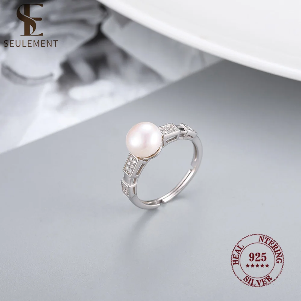 Seulement Adjustable Silver Plated Freshwater Pearl Ring for Women-Elegant CZ Paved Band Fashion Statement Jewelry Gift