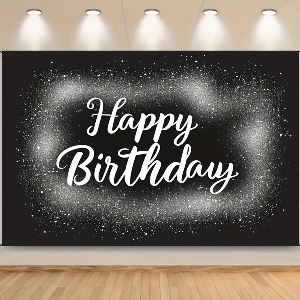 Elegant Black and Silver Happy Birthday Backdrop with Grey Glitter - Polyester Photography Background Birthday Party Decorations