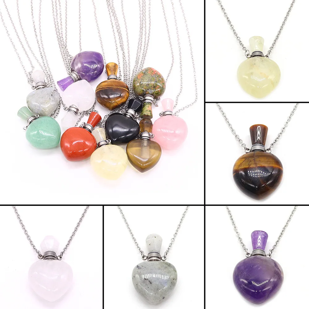 1pc Natural Stone Heart Shap Pendant Perfume Bottle Essential Oil Diffuser Love Gift Jewelry Necklace Jewelry Gift for Women