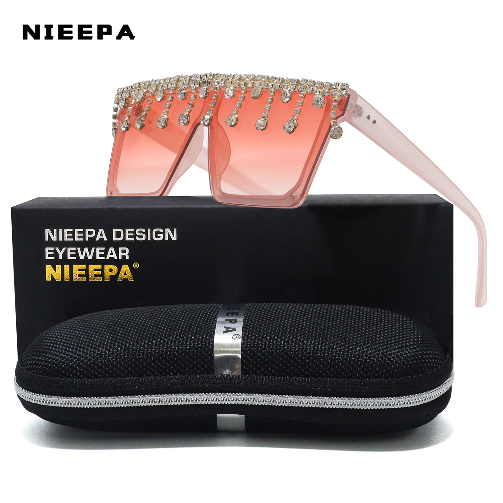 女性用の新しいファッションスクエアフレームサングラス-ダイヤモンド装飾チェーンアクセント付き大型眩しいメガネ、一体型デザイン