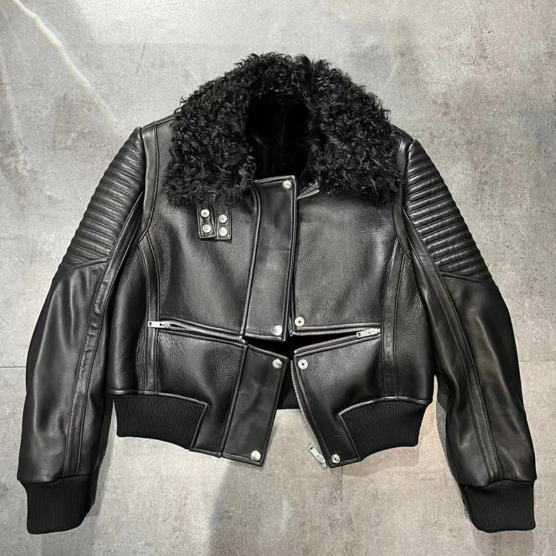 Women New Style Leather Jackets Lady 2023 Fashion Bomber Jackets Sheepskin With Lamb Fur Collar Autumn Winter Coats GT5087