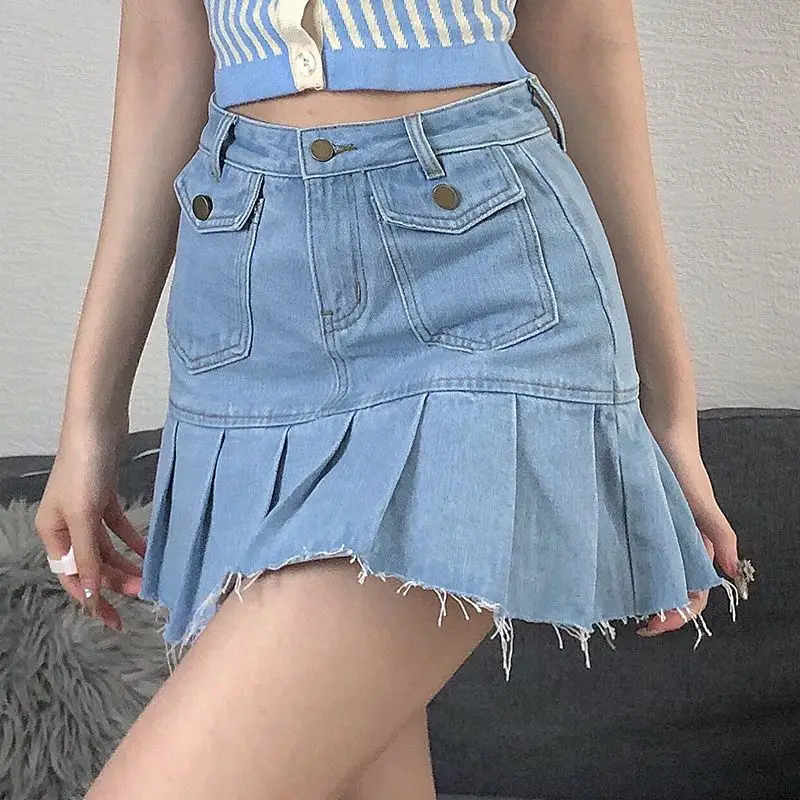 Gonna corta in Denim Ruffles bordo ruvido vita alta stile Preppy cerniera Casual Fly Safety Summer Streetwear Mini Jeans gonna donna