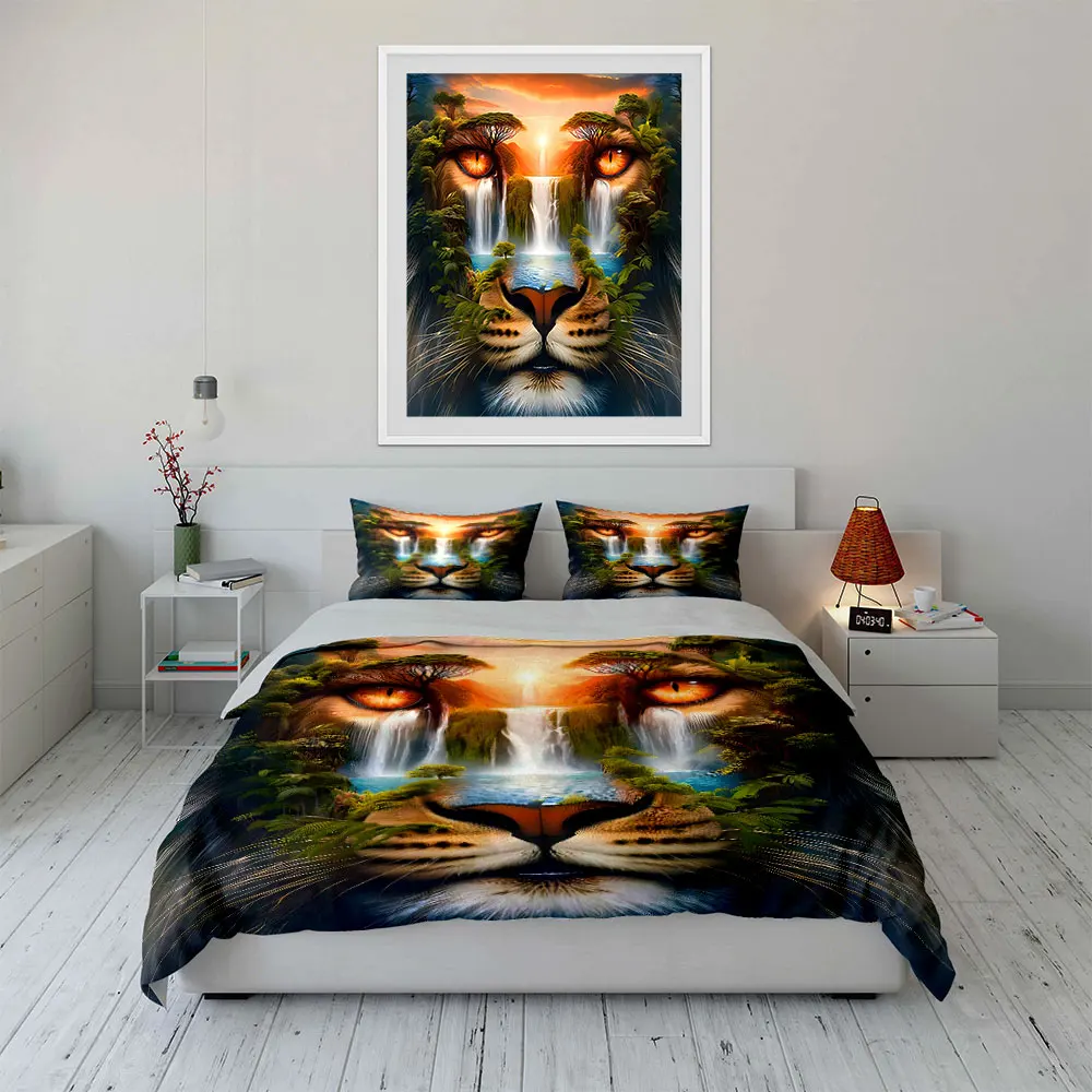 Visual Tiger Eyes in Jungle Waterfalls Duvet Cover Set with 3D Printing Design Soft Polyester Bedding Set All-Season Comfort
