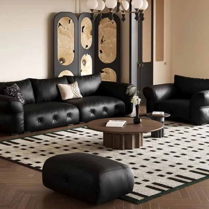 French Retro Genuine Leather Sofa, Button Tufted Solid Wood Frame Large Seating Depth Couch for Living Room Home Furniture