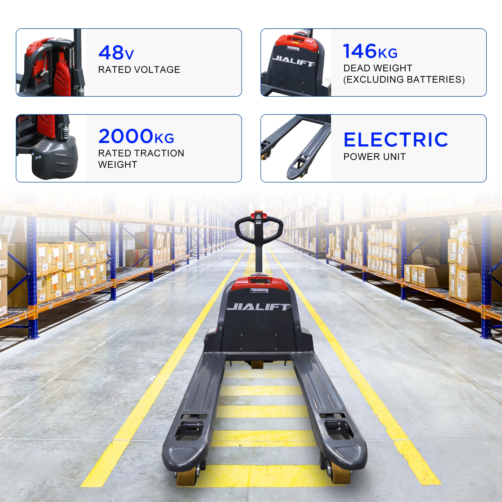 

JIALIFT 4400LBS Fully Electric Pallet Jack Truck 48V Lithium Battery 45" x 27" Fork Size for Indoor Storage and Handling