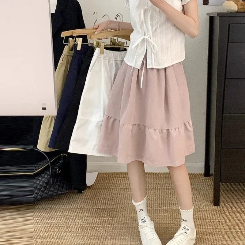 

Women Japanese Style Lady Concise Ruffle Elastic Waist Mini Skirt Versatile Loose Skirt Ladies Classic Solid Korean Style Skirt