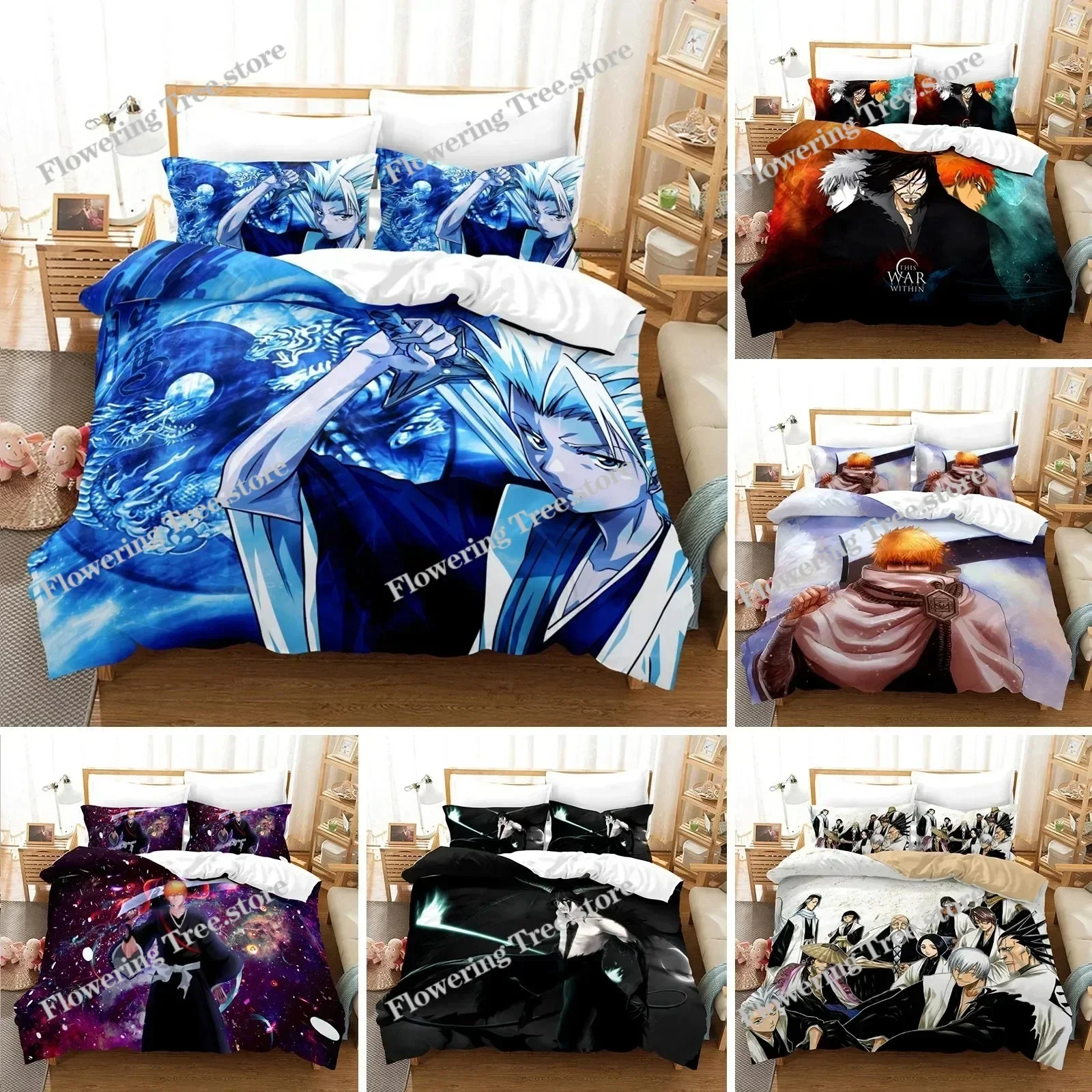 Anime Bleach Toushirou Ichigo Duvet Cover Pillowcase Bedding Set Double Twin Full Queen King Adult Kids Bedclothes Quilt Cover