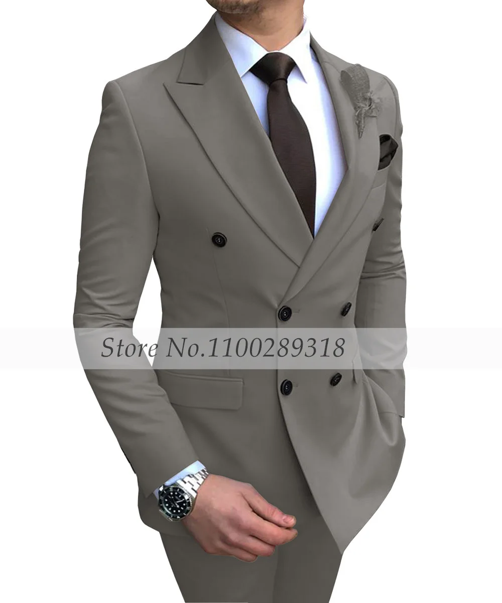 Conjunto de traje Beige con solapa de pico y doble botonadura para hombre, trajes de negocios ajustados, esmoquin para novio, traje de boda para hombre, 2 uds (Blazer + pantalones)