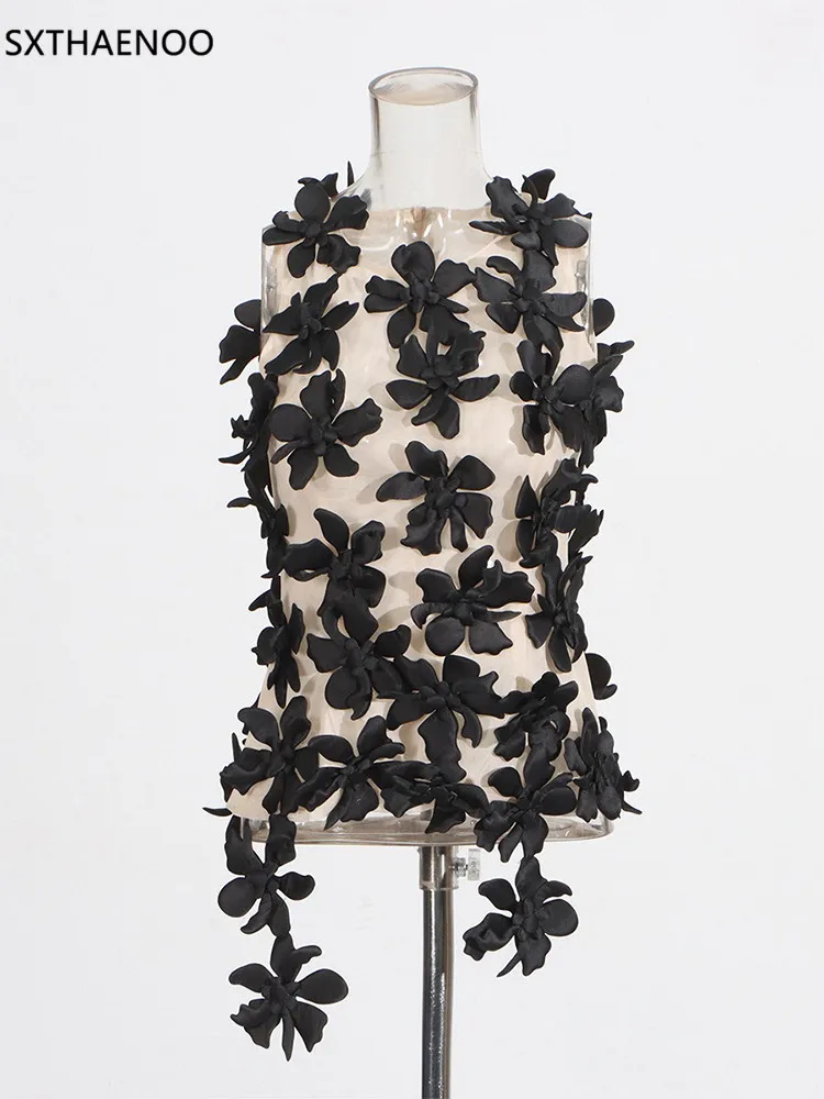 

SXTHAENOO Hit Color Spliced Appliques Slimming Vests For Women O Neck Sleeveless Tunic Temperament Vest Female Fashion 2025 New