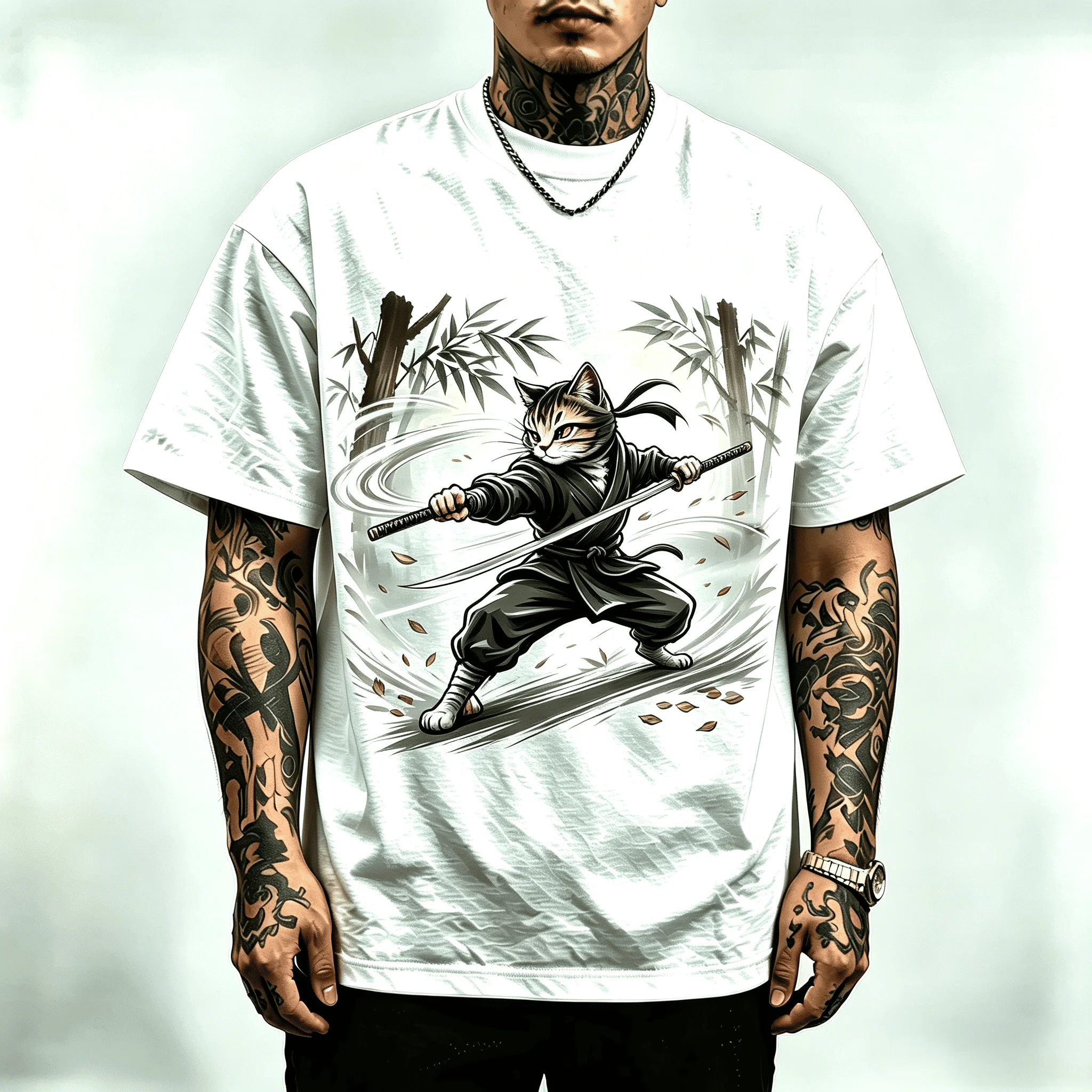 Vintage Ninja Warrior Cat T-Shirt Unisex Chinese Kung Fu Animal Print Tee Men Women Fashion Street Style Short Sleeve Tops