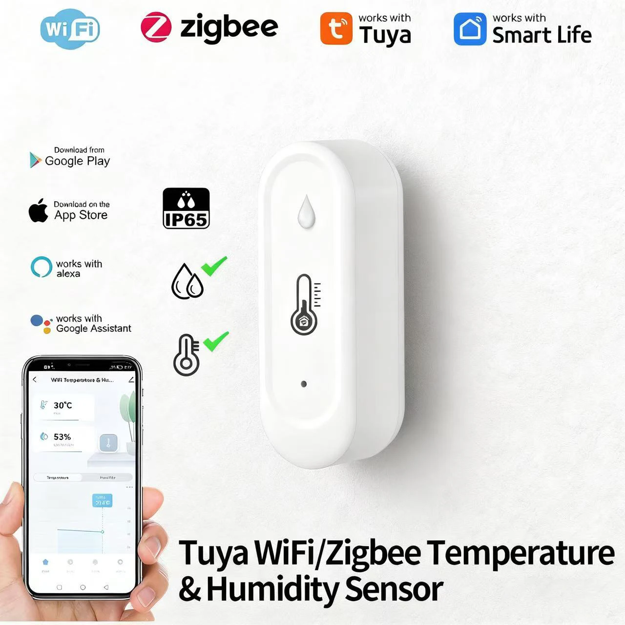 IP65 Waterproof Tuya Outdoor Temperature & Humidity Sensor - WiFi/Zigbee Real-Time Monitoring for Smart Home, Weather Station