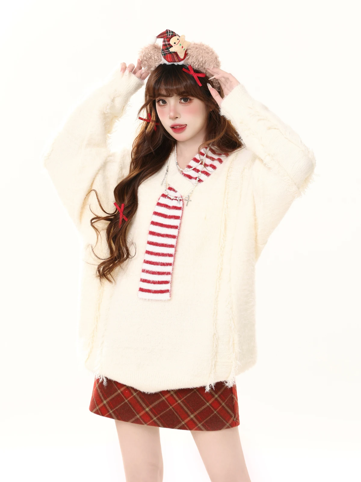 

ENJOG Retro Striped Scarf Inteated Sweater Women's Autumn Winter Loose Lazy Sle New Year Knitted Top V-ne Regular Length