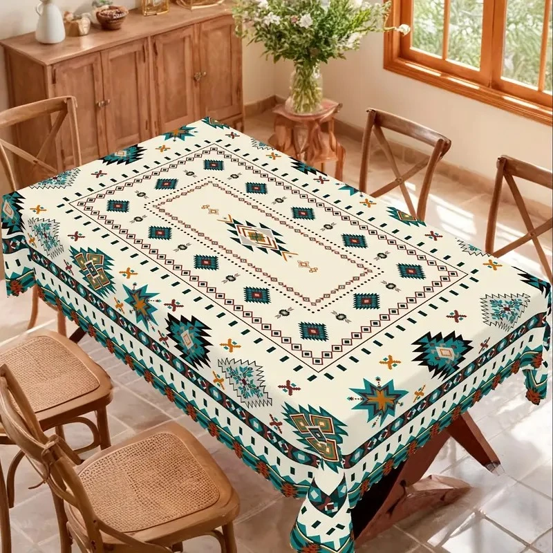 Mexican Aztec Style Rectangle Tablecloth Holiday Party Decor Retro Boho Blue Green Geometric Polyester Table Cloths Home Decor