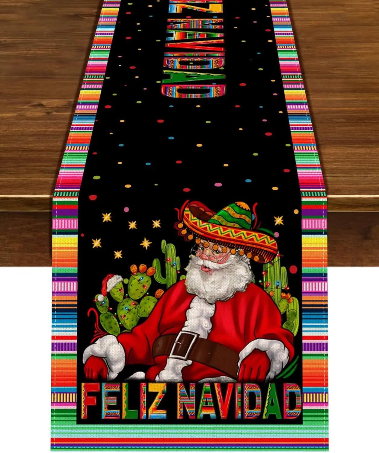 Camino de mesa de lino de Navidad mexicano Feliz Navidad tocador bufanda decoración Cactus Santa Claus camino de mesa decoración de mesa de fiesta de vacaciones