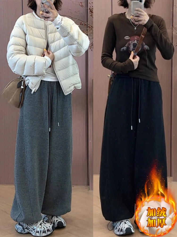 

Осенне-зимние брюки с высокой талией и широкими штанинами в корейском стиле, утепленные флисом, повседневные, утягивающие, плотные, с эффектом моделирования фигуры