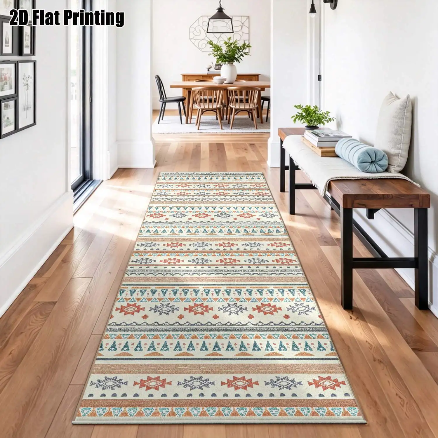 1Pc 2D Printed Long Strip Rug, Blue Red Geometric Patterns, Nordic/Modern Minimalist/European/Bohemian Designs, Machine Washable, Multi-Size, Home Decor for Entryway, Hallway, Living Room, Bedroom