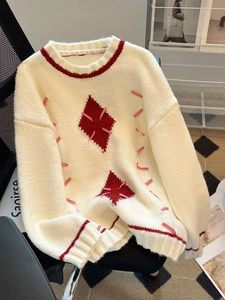 

High Quality Sweet Geometric Sweater Women White Oversized Knitted Pullover Mori Girl Casual Jumper Autumn Winter Preppy Style