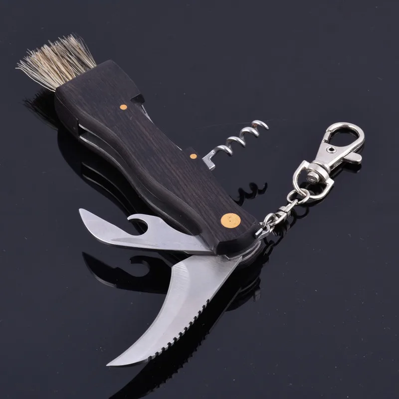 Mini Folding Mushroom Picking EDC Knife Multifunction Professional Wood Handle Corkscrew Bottle Opener with Brush for Outdoor