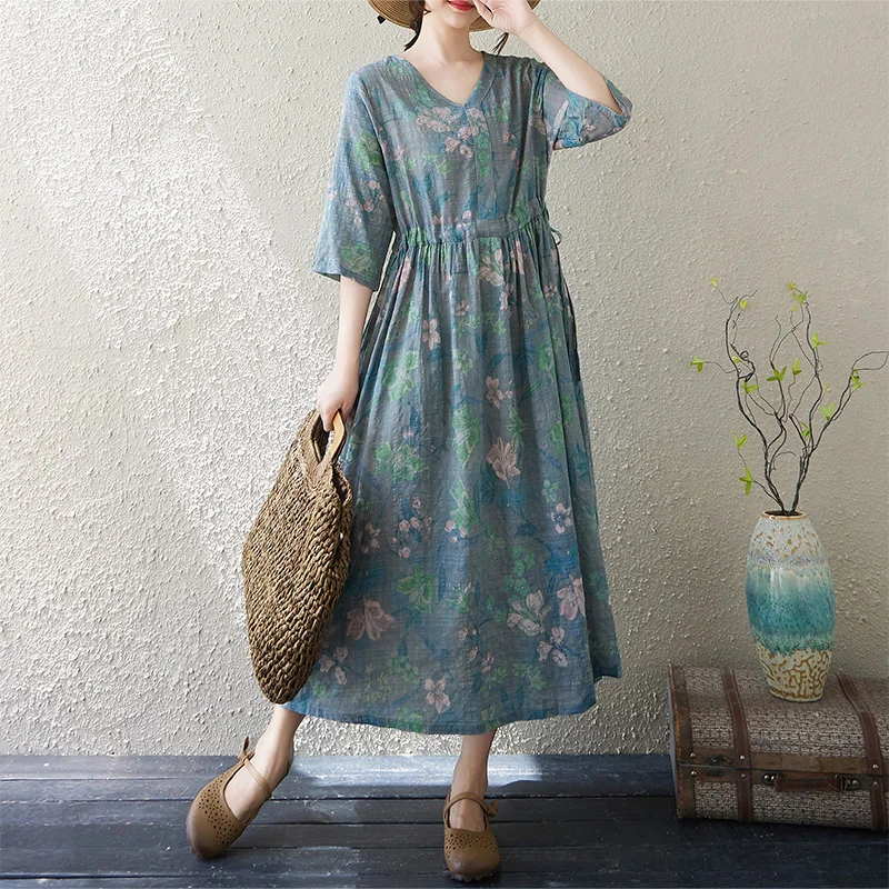 Retro Canapa Dr V-ne da donna in cotone e lino aderente in vita Midi Summer Zen Pure Tea Abbigliamento Stampa artistica Abito Vestibilità ampia...
