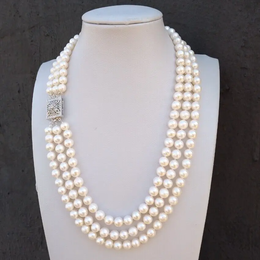 

Triple Strands AAAA 8-9mm South China Sea Natural Round White Pearl Necklace 925s