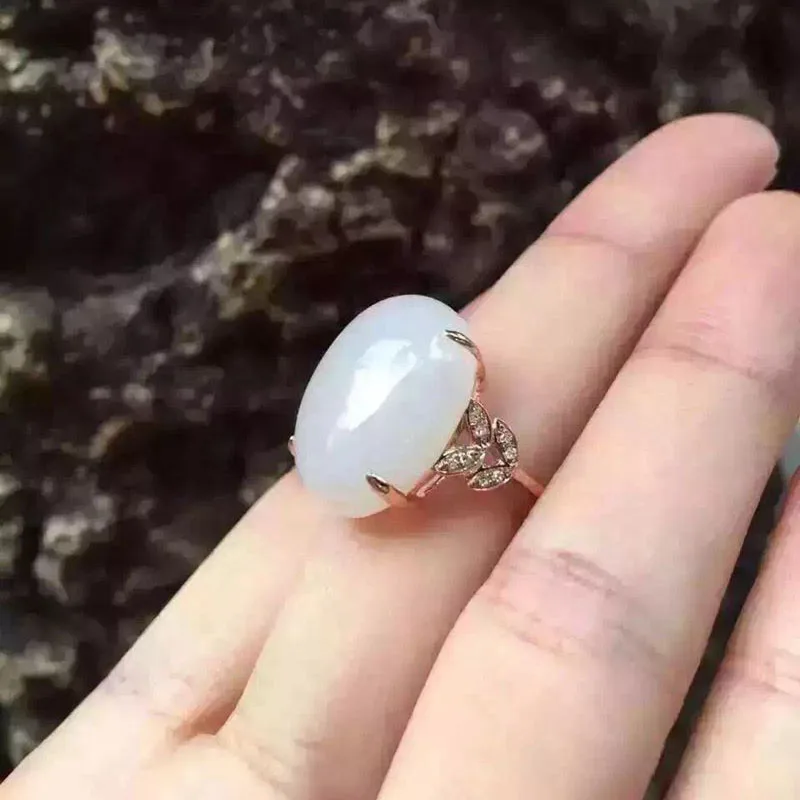 585 Purple Gold Inlaid Natural Hotan Jade White Rings for Women Plated 14K Rose Gold Leaf Shape Ring Wedding Jewelry Gift