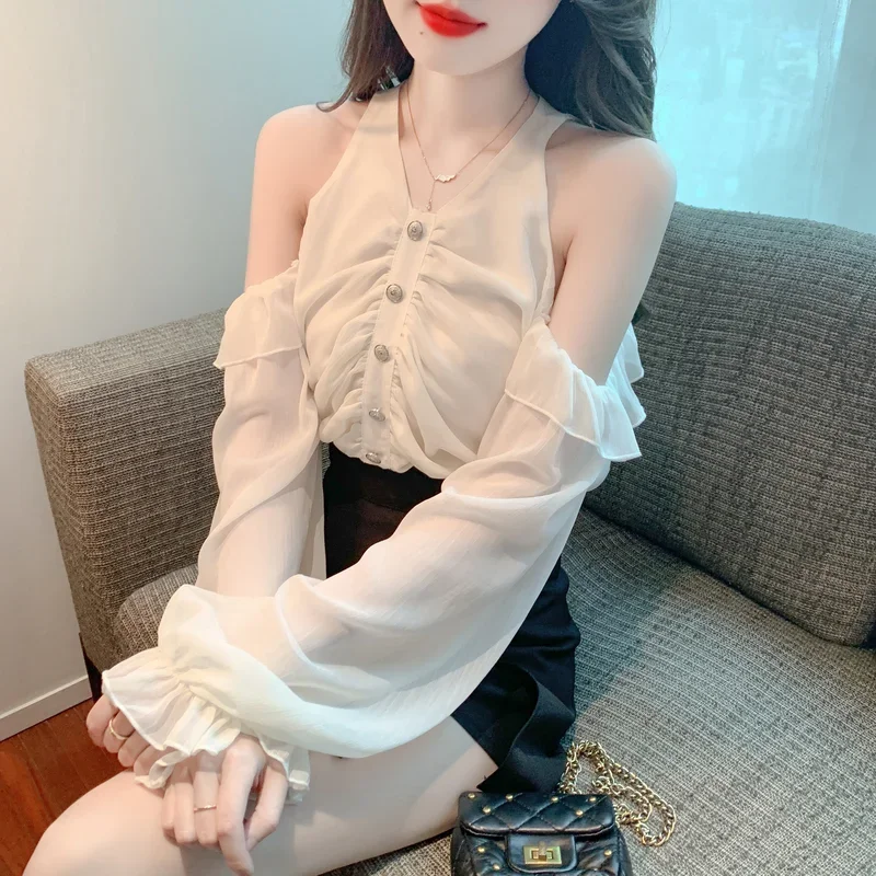 Fashion Hollow Out Sleeve Off Shoulder Chiffon Shirt French Style Chic Women Tops Summer Long Sleeve Blouse New Clothes 27944