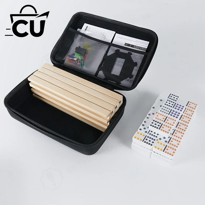 Mexican Train Double 12 Dominoes Set with 4 Wooden Trays/Racks in Portable Carrying Case Colorful 91 Tiles & 9 Trains Board Game