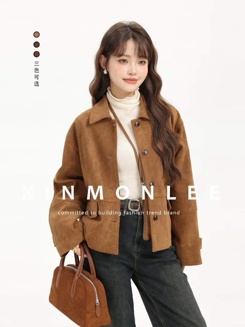 

Sweet Hot Girl Retro Sueded Short Coat Women's Autumn/Winter Turn-down Collar Long-sleeved Loose Jacket Fashion Female Clothes