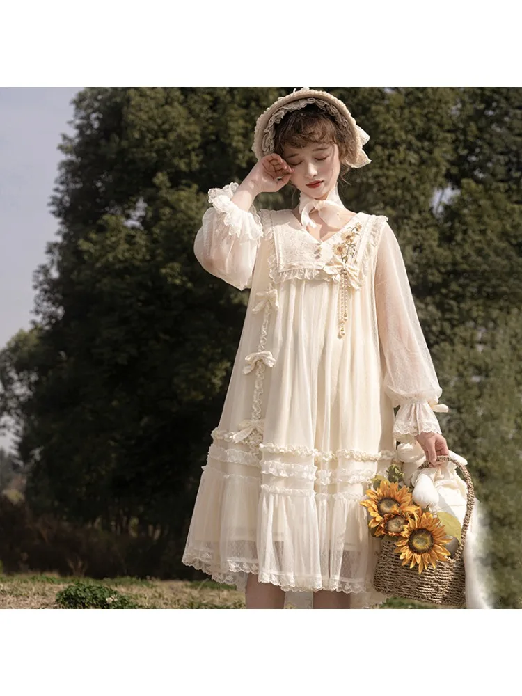 MAGOGO Sweet Lolita Fee Jurk Vrouwen Lente Herfst Kawaii Boog Zonnebloem Borduren Elegante OP Jurk Dagelijks Chiffon Mesh Jurken - afbeelding 2