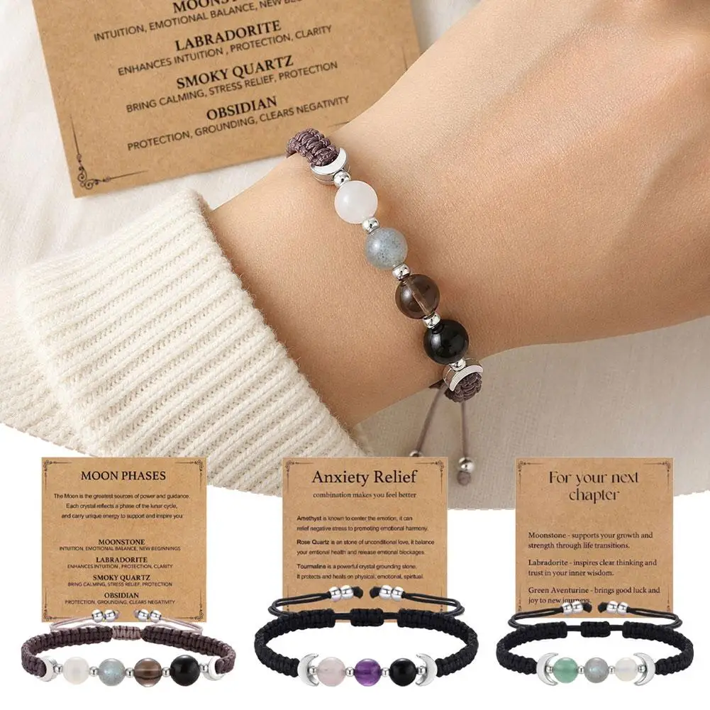 Mental Comfort Moon Shimmer Stone Wrist Bracelet Stretch Elastic Cord Obsidian Cat Eye Beads Ease Anxiety Calm Emotion Gear