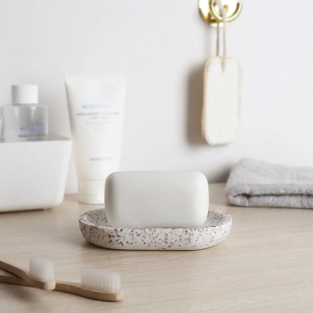 Terrazzo Oval Soap Dish with Removable 304 Stainless Steel Drainage Tray for Bathroom and Kitchen Countertop Use