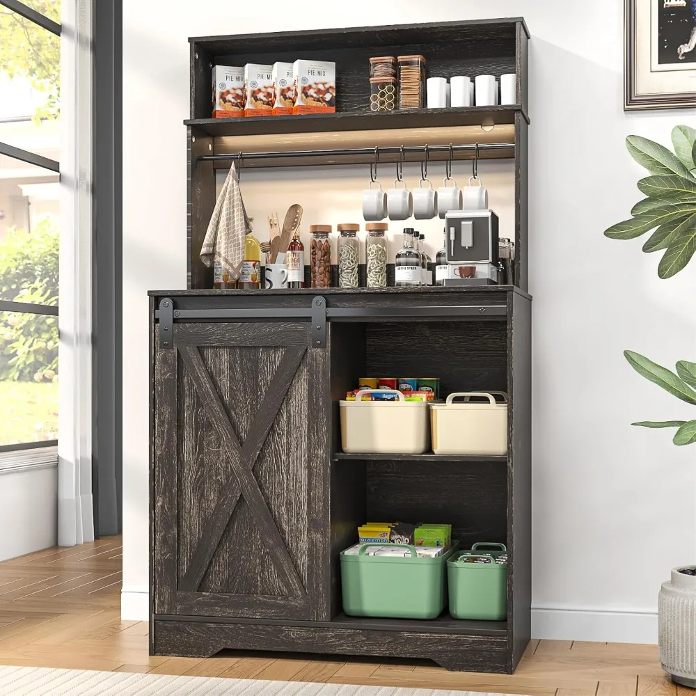 

Farmhouse Coffee Bar Cabinet, Indoor Buffet Cabinet with 3 Tier Storage & LED Light, Coffee Station Cabinets with 6 Hooks for Ki