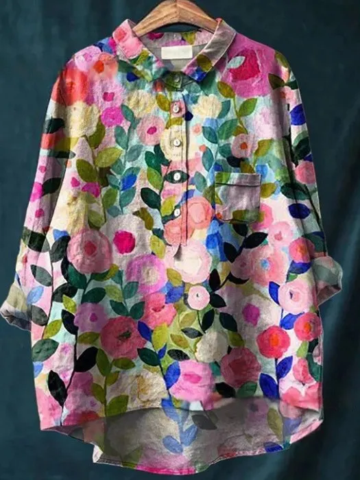 

plus Size Women's Retro Artistic Long Sleeve Shirt Casual Turn-down Collar Button Floral Print Loose Fit Medium Length Spring...