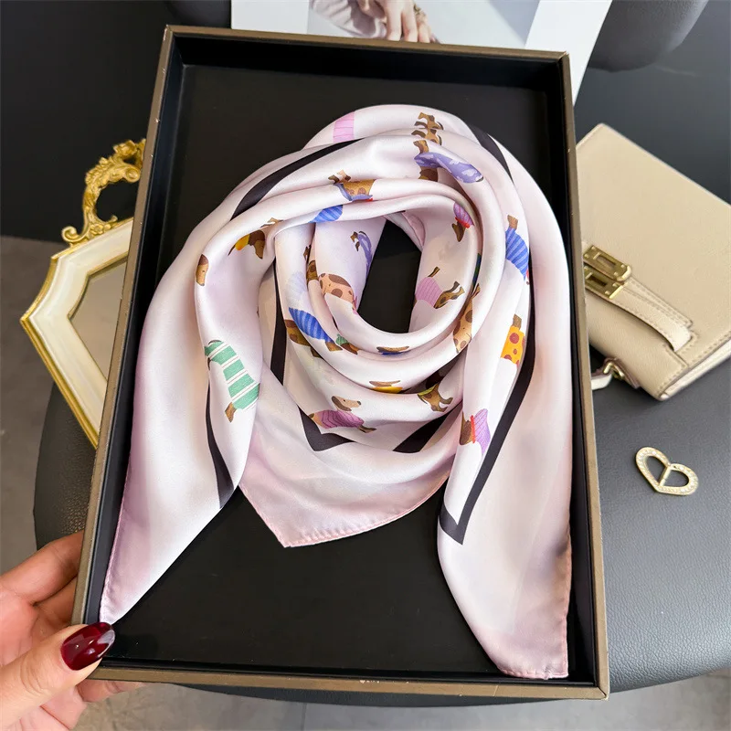 Silk Square Scarf Women Luxury Dog Print Kerchief Soft Satin Hairband Hands Bag Ribbon Foulard Hijab Neckerchief Headband Ladies image 5