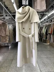 Large Scarf Collar Double-Breasted Office Lady Woolen Jackets 2024 Autumn And Winter Rabbit Hair Alpaca Women Long Wool Coats