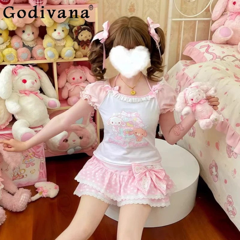 

Kawaii Girl's Skirt Set Summer Cute Cartoon Printed Neck Short Sleeve Top Skirt 2-piece Daughter Clothes Student Matching Sets