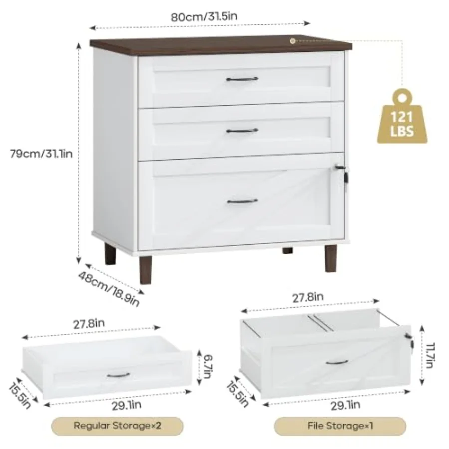 3 Drawer File Cabinet with Lock for Home Office
