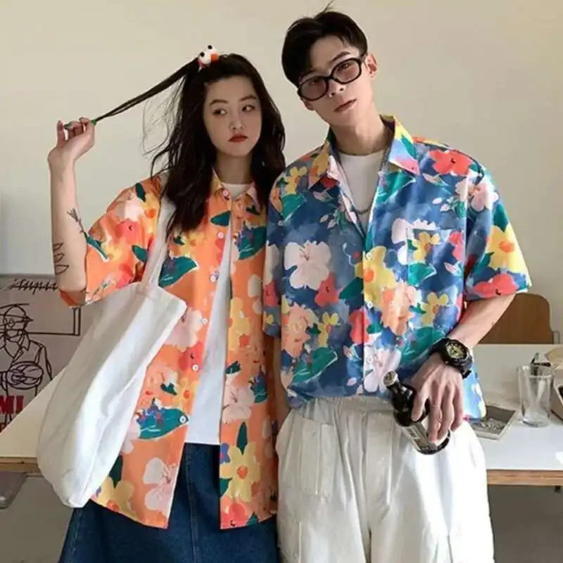 

Summer Street Fashion Floral Print Shirts Women Beach Casual Blouses Short Sleeves Daily Blusas Tops Couple Matching Clothes