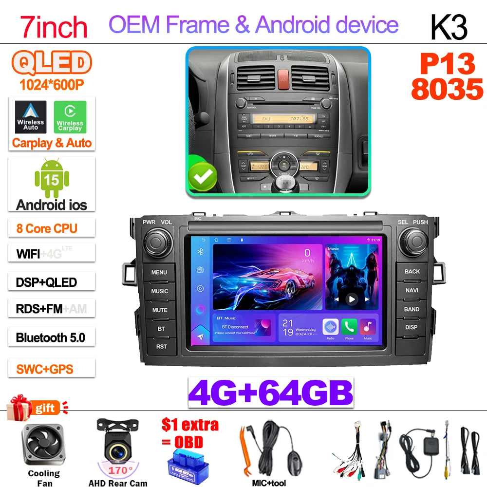7 " For Toyota Auris Corolla 2006-2012 Wireless Carplay Android Auto Car Radio Multimedia Player Gps Autoradio Wifi Touch Screen image 3