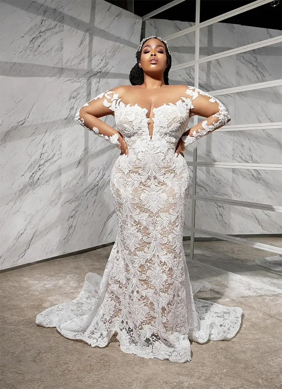 Customized Sheer Neck Lace Appliques  Mermaid Wedding Dress with Removable Skirt  Vestido De Casamento  Long Sleeves Bridal Gown